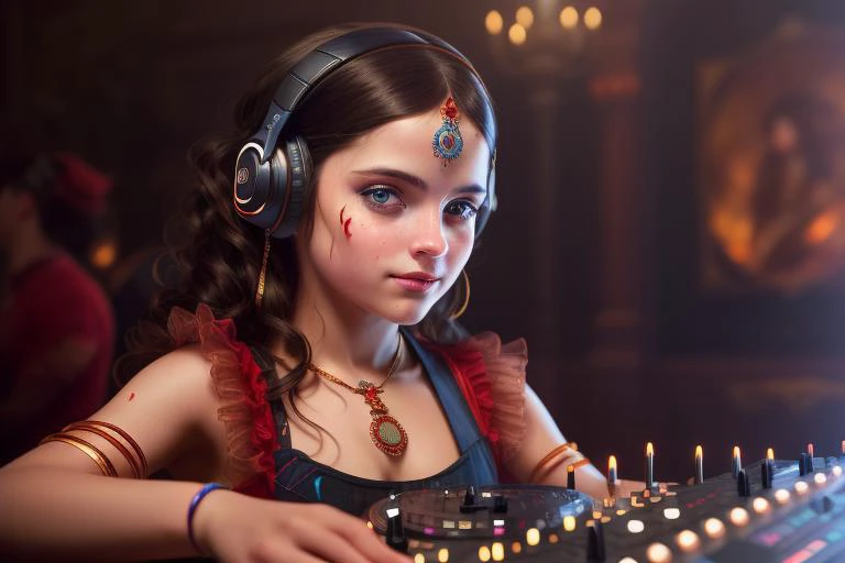 dj girl on an event at a party, high detail of the face and body details is visible in frame. dark colors with red accents by konstantin razumov ilya rep finnian macmanus artstation cgsociety deviantart pinterest detailed photorealistic highlights much wow...