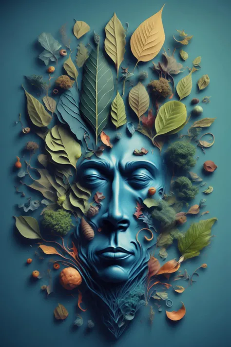 <lora:Surreal Harmony:1>Surreal Harmony - a stylized image of a leaf man head with a lot of different things in it