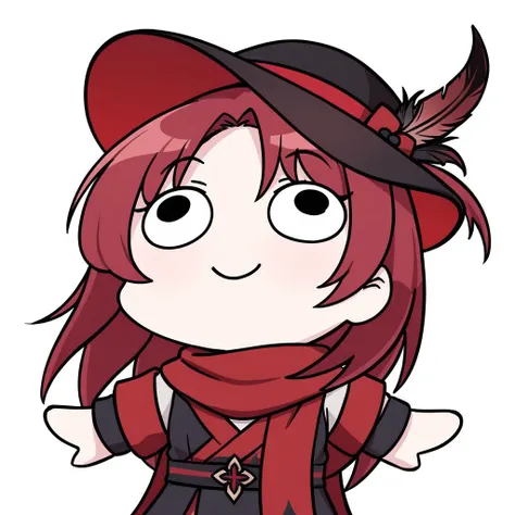 <lora:xl_dacongming:1>,1girl,chibi, upper body,smile,black eyes,red hair, hat, feather, red scarf,masterpiece, best quality, white background <lora:JXXLV1-000062:0.7>