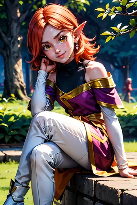 Kai of Time, girl,  pointy ears, earrings, purple skin, orange hair, looking at viewer, smiling, happy,
sitting,outside,tree, shady ambiance, extreme detail, beautiful quality, hdr, masterpiece,  <lora:more_details:.5> <lora:Kai of Time:.5>