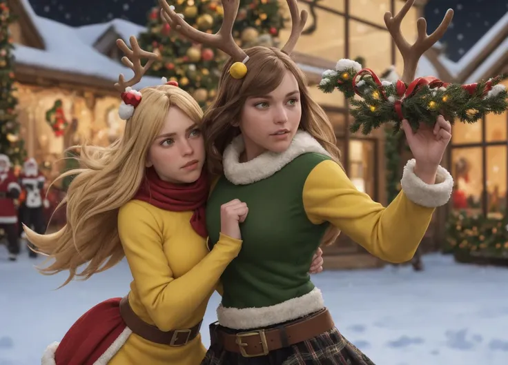 action photo of 2girls, (fighting stance), with blonde hair, with brown hair, slapping a (brown) reindeer on the face, skin_tight yellow christmas outfit, large breasts, santa in the background,
Snow, (christmas lights), christmas tree, (yellow ornaments),...