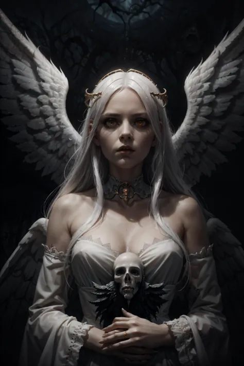 horror-themed horror style illustration,heaven background, 1girl,  white hair, golden eyes, long hair, halo, angel wings, serene expression, looking at viewer <lora:photorealism_last:1> <lora:ReaLora:0.7> <lora:LowRA:.4>, Cute and adorable cartoon, fantasy...