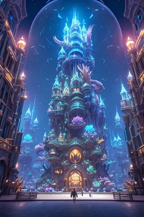 fantasy concept art, a transparent building as a huge aquarium containing fish at night, pretty lights decorations, wide shot, 8k octane render, photorealistic, epic shot, cinematic lighting, detailed building, detailed fish