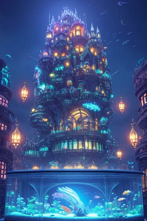 fantasy concept art, a transparent building as a huge aquarium containing fish at night, pretty lights decorations, wide shot, 8k octane render, photorealistic, epic shot, cinematic lighting, detailed building, detailed fish