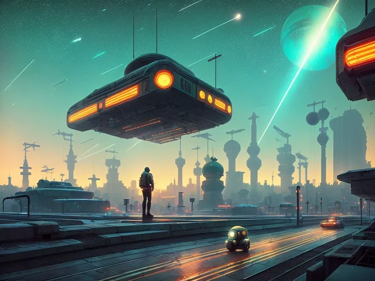 retrofuturism, streets of ((((soviet union)))), utopian future, androids,  flying droids, overgrown buildings, winter, (starry night), neon lights,  4k, wallpaper,Science Fiction,Lighting,Environmental Concept Art &amp; Design,Digital 3D,Character Modeling,3D,realistic,textures,cgi,environment,((Simon Stalenhag)),concept,Environmental Concept Art &amp; amp Design,scifi