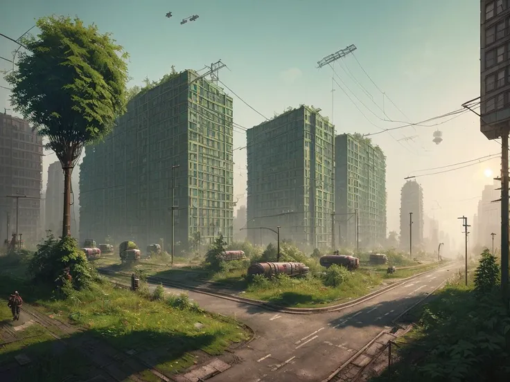 street of soviet union abandoned city, overgrown with greenery buildings, summer, sunrise, 4k, wallpaper,Science Fiction,Lighting,Environmental Concept Art & Design,Digital 3D,Character Modeling,3D,realistic,textures,cgi,environment,((Simon Stalenhag))...