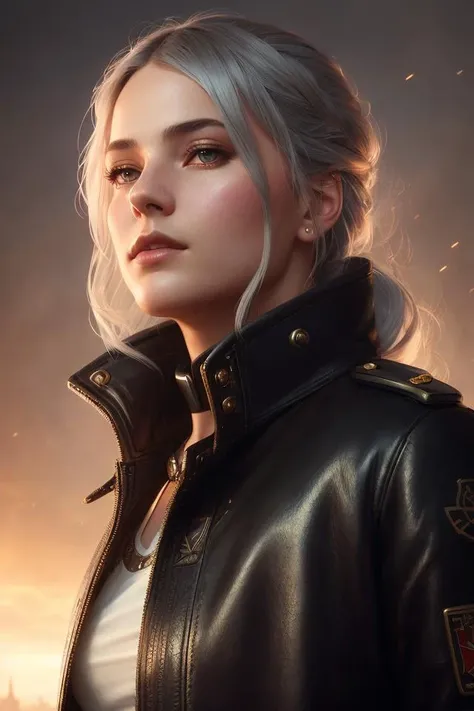 modelshoot style, (extremely detailed CG unity 8k wallpaper, hasselblad award winner), beautiful detailed portrait of a young female with silver hair, beautiful sports girl in the militia uniform of the Soviet Union, serious look, cinematic lighting, ambie...