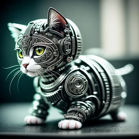 a cute kitten made out of metal, (cyborg:1.1), ([tail | detailed wire]:1.3), (intricate details), hdr, (intricate details, hyperdetailed:1.2), cinematic shot, vignette, centered