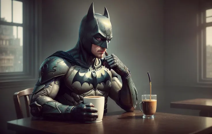 1batman drinking coffee in modern cafe, realistic face, realistic eyes, (dark shot:1.22), neutral colors, (hdr:1.4), (muted colors:1.4), (intricate),  hyperdetailed, dramatic, intricate details, (technicolor:0.9), (rutkowski:0.8), cinematic, detailed, (intricate details:1.12), hdr, (intricate details, hyperdetailed:1.15) <lora:fairytaleai_v10:0.5>
