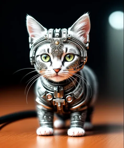 a cute kitten made out of metal, (cyborg:1.1), ([tail | detailed wire]:1.3), (intricate details), hdr, (intricate details, hyperdetailed:1.2), cinematic shot, vignette, centered
