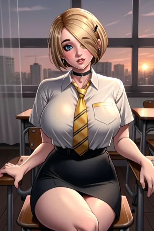 (best quality, ultra detailed), (full-face blush), (detailed background:1.2), (perfect face, detailed face), looking at viewer, (mature female:1.2), beatrice, 1girl, short hair, solo, blue eyes, blonde hair, bob cut, (hair over one eye, thick lips:1.4), wa...