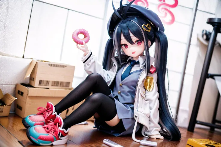 there is a doll sitting on the floor with a donut in her hand