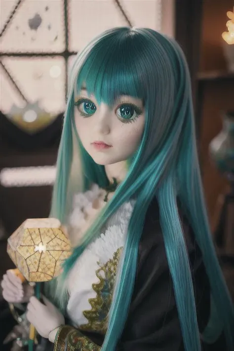 a close up of a doll with long blue hair holding a gold object