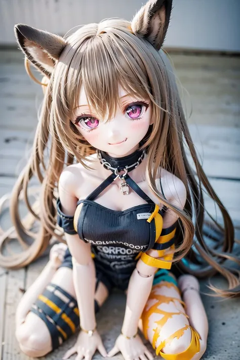 a close up of a doll with long hair and a cat ears