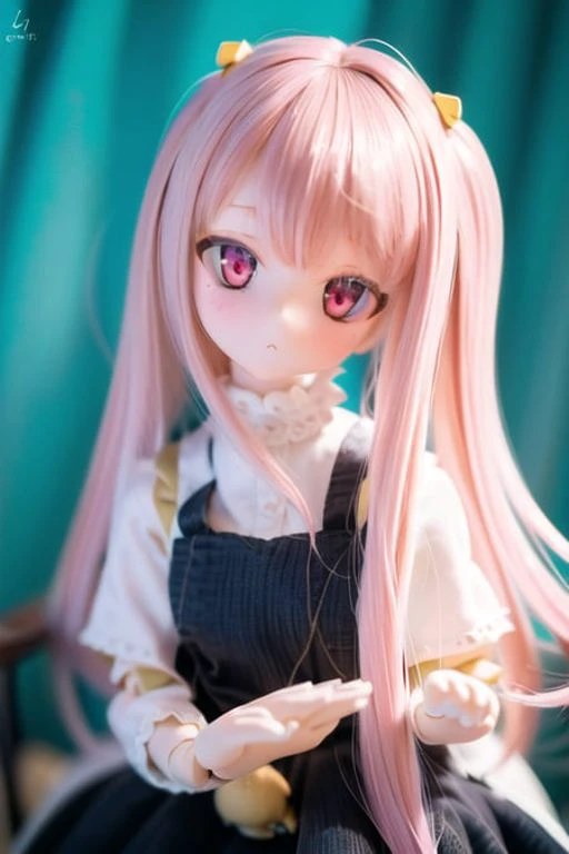 a close up of a doll with long pink hair and a dress