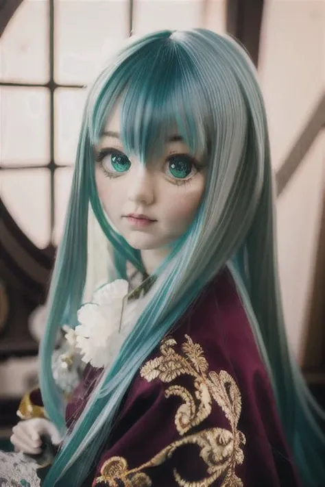 a close up of a doll with long blue hair and a flower