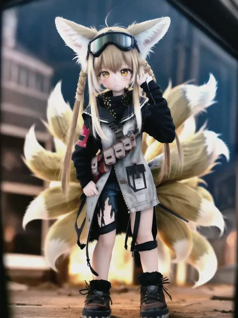 a close up of a doll with a cat ear and a gun