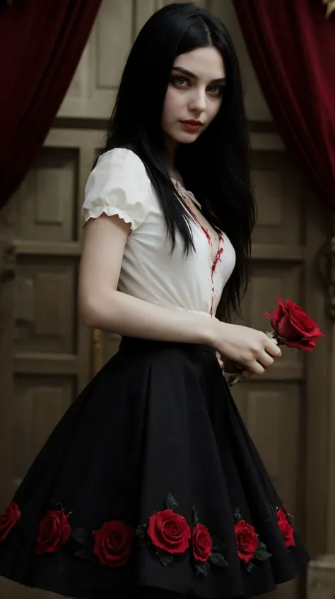 <lora:AliceHorrorV2:0.3>1girl, alicehorror, black hair, blood, dress, green eyes, long hair, holding rose, skirt hold, solo, striped