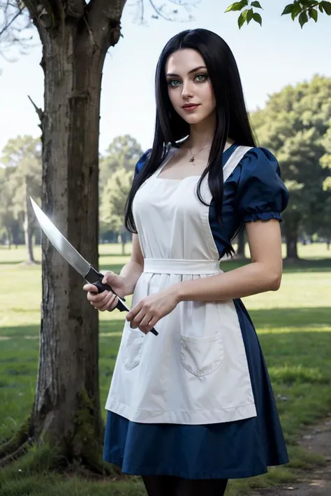 AliceMadness,long black hair, green eyes,blue dress, white apron, striped pantyhose, looking at viewer, serious, evil grin, standing, holding a knife, outside, field, trees, blue sky, high quality, masterpiece,  <lora:AliceMadness:.8>