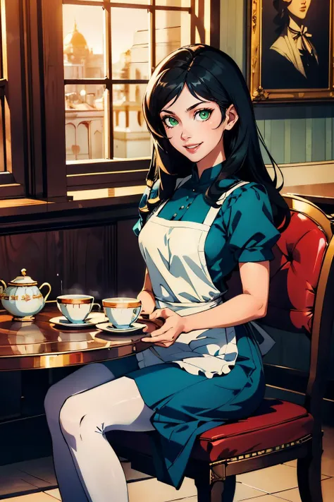 AliceMadness,long black hair, green eyes,blue dress, white apron, striped pantyhose, looking at viewer, smiling, teeth, sitting, on chair, inside cafe, table,holding tea cup, playful ambiance, high quality, masterpiece,  <lora:AliceMadness:.7>