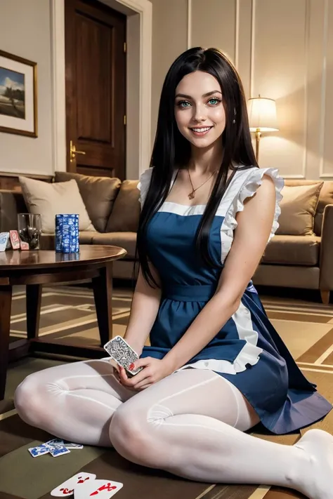 AliceMadness,long black hair, green eyes,blue dress, white apron, striped pantyhose, looking at viewer, smiling, teeth, sitting, on floor, playing cards,holding cards,  inside cozy living room, warm ambiance, high quality, masterpiece,  <lora:AliceMadness:...