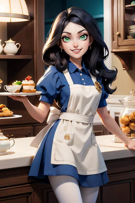 AliceMadness,long black hair, green eyes, blue dress, white apron, striped pantyhose, looking at viewer, smiling, grin, teeth, leaning, on counter, inside fancy kitchen, counter full of food, pastries, tea, playful ambiance, high quality, masterpiece <lora...