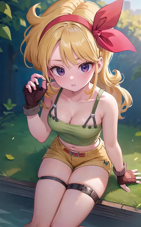 ((masterpiece, best quality)), insaneres, absurdres, solo, looking at viewer,
BlondeHair_BadLaunch_ownwaifu,
1girl, long hair, blonde hair,  curly hair, hair ribbon, blue eyes, medium breasts, red hairband, eyelashes, bangs, 
green shirt,  yellow shorts, c...