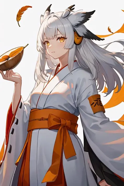 best quality, masterpiece, highres, solo, {white kimono:1.35}, {red hakama:1.35}, {wide sleeves:1.20}, {ptilopsis_arknights:1.15}, bangs, owl_ears, long_hair, white_hair, orange_eyes, yellow_eyes, upper_body, grey_hair, closed_mouth, feather_hair