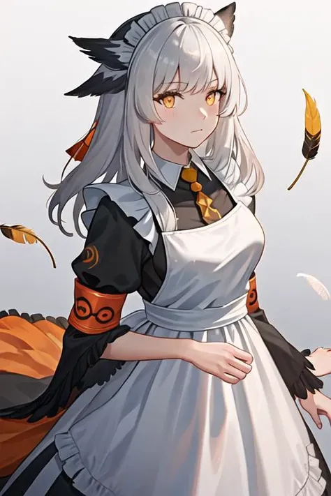 best quality, masterpiece, highres, solo, {maid:1.40}, {long maid dress:1.15}, {ptilopsis_arknights:1.15}, bangs, owl_ears, long_hair, white_hair, orange_eyes, yellow_eyes, upper_body, grey_hair, closed_mouth, feather_hair