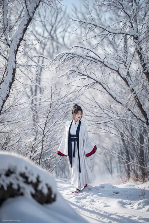 a woman in a white kimono standing in the snow