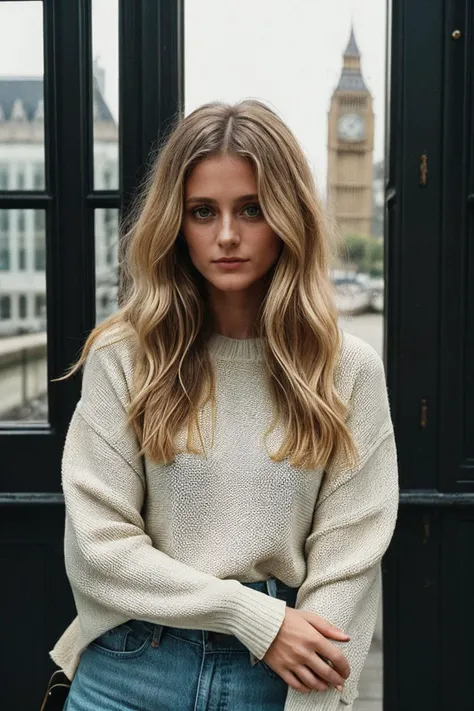 photo of (kb0ck:0.99), a woman, closeup portrait, perfect blonde hair, posing, (vintage photo, Bell Sleeve Sweater, Utility Capris), (instagram frame), 24mm, (tintype), (analog, film, film grain:1.3), ((in London, daylight, gritty)), ((detailed eyes)), (se...