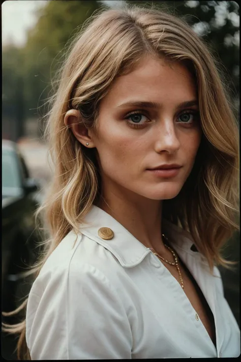 photo of (kb0ck:0.99), a woman, closeup portrait, perfect blonde hair, posing, (vintage photo, band uniform), (instagram frame), 24mm, (tintype), (analog, film, film grain:1.3), ((in London, daylight, gritty)), ((detailed eyes)), (seductive pose), (epicPho...