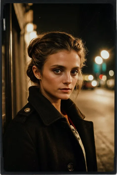 photo of (kb0ck:0.99), a woman, closeup portrait, perfect hair upsweep updo, posing, (vintage photo, overcoat), (polaroid frame), 24mm, (tintype), (analog, film, film grain:1.3), ((on a Havana street, night, gritty)), ((detailed eyes)), (seductive pose), (...