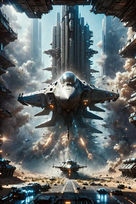 a poster of a futuristic city with a jet flying through the air