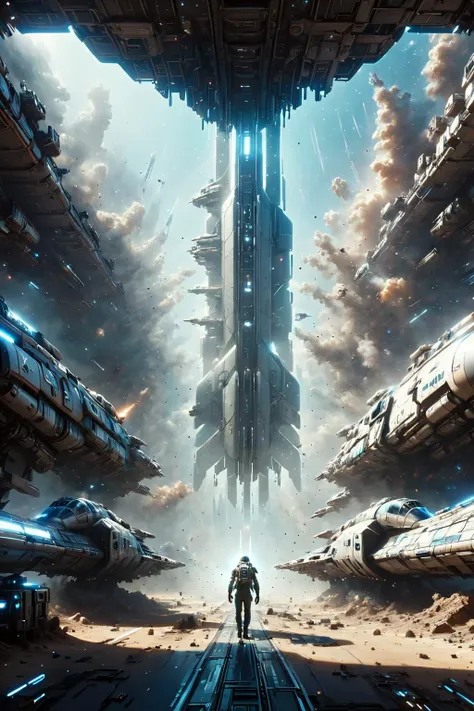 a man standing in front of a spaceship in a sci - fiction scene