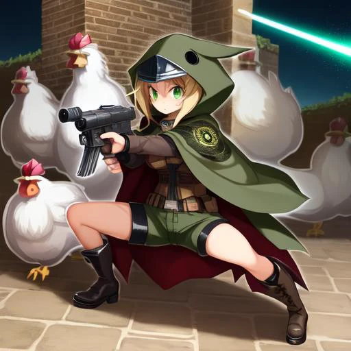 a woman in a green cape holding a gun and a chicken