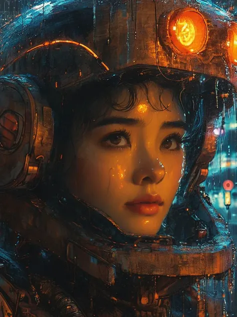 ((masterpiece)), ((best quality)), 8k, high detailed, ultra-detailed,fenliexl, surrealism, mixed media, solo, rain, glowing, orange eyes, portrait, 1girl, close-up, science fiction, glowing eyes, cyborg, cyberpunk, closed mouth, realistic, black hair, lips...