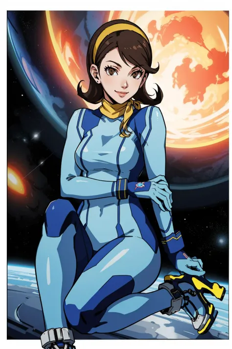 (masterpiece, best quality:1.2), 1girl, smile, <lora:zs_Terauchi:1> terauchip3, brown hair, medium hair, brown eyes, scarf, hairband <lora:zerosuit-nvwls-v1:1> zero suit, blue gloves, high heels, space station, science fiction