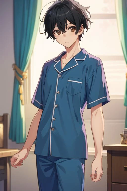 masterpiece, best quality, illustration, 1boy, solo, male focus, looking at viewer, , depth of field, <lora:yoshikazu_miyano:0.64>, yoshikazu_miyano, black hair, brown eyes, pajamas,