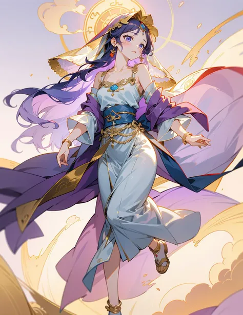 ((masterpiece, best quality)), 1girl, mature, floating hair, jewelly, head jewelly, collarbone, light purple clothes, fullbody, cloud, sky, heaven
china goddess, veil,
 <lora:ChinaGoddessV2:0.66>