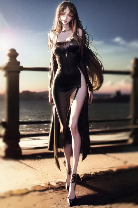 arafed woman in a black dress and high heels walking on a pier