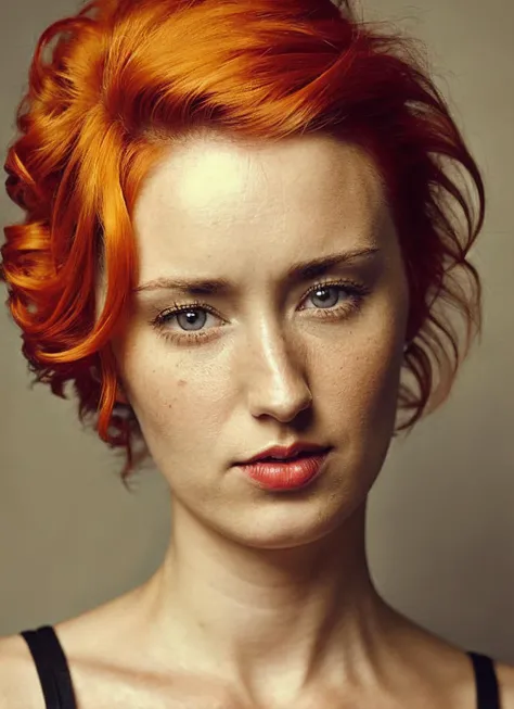 portrait of sks woman by Flora Borsi, style by Flora Borsi, bold, bright colours, orange Mohawk haircut, ((Flora Borsi)), <lora:locon_ashleyjohnson_v1_from_v1_64_32:1.25>