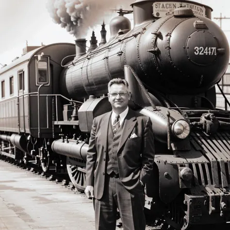 <lora:xyzVntg_02:1> xyzVntg a train conductor standing beside a steam locomotive, grayscale