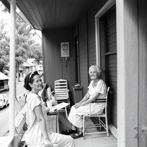 <lora:xyzVntg_02:1> xyzVntg a woman sitting on a porch, grayscale