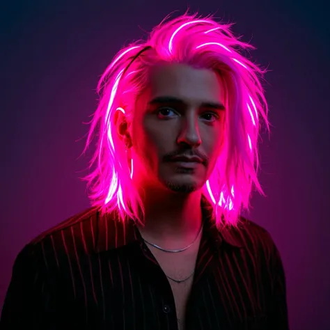 a close up of a man with pink hair and a necklace