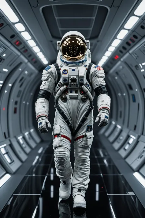 editorial photoshoot, stylized, posed, high fashion, dramatic in the depths of space, a daring astronaut strides confidently across the gleaming walkway of their spacecraft. the astronaut, clad in an intricate black jumpsuit, stands out against the stark w...