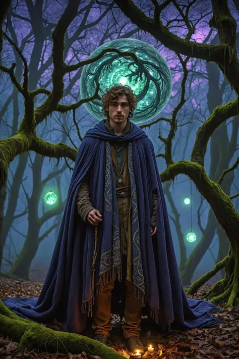 hipster aesthetic heres a new image generation prompt: in this mystical scene, a lone wanderer with piercing green eyes and wild, curly brown hair stands at the edge of a glowing forest, where ancient trees with intricate, swirling patterns stretch towards...