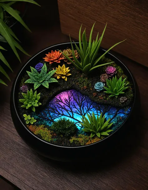 a close up of a bowl with plants and a rock