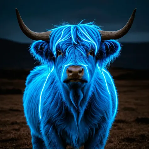 a close up of a blue cow with horns standing in a field