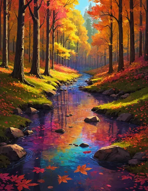 a painting of a stream running through a forest filled with trees